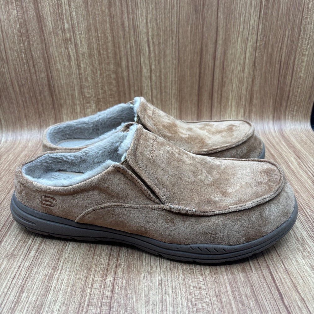 Skechers Expected X Slippers Tan Mens 11 Relaxed Fit Memory Foam Faux Fur Mules